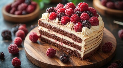 Chocolate raspberry layer cake with cream frosting garnished with fresh raspberries and blackberries on a wooden cutting board Copy Space