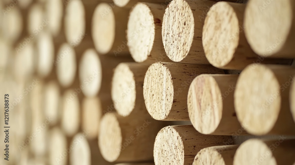 Poster wooden logs stacked and arranged in a pattern showing end grain texture and surface details with cop