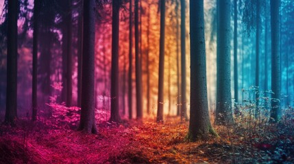 Mystical forest landscape with colorful lighting and soft focus trees in a vibrant atmosphere Copy Space