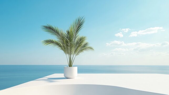 Minimalist coastal scene featuring a potted palm tree on a white terrace with ocean view and clear blue sky Copy Space