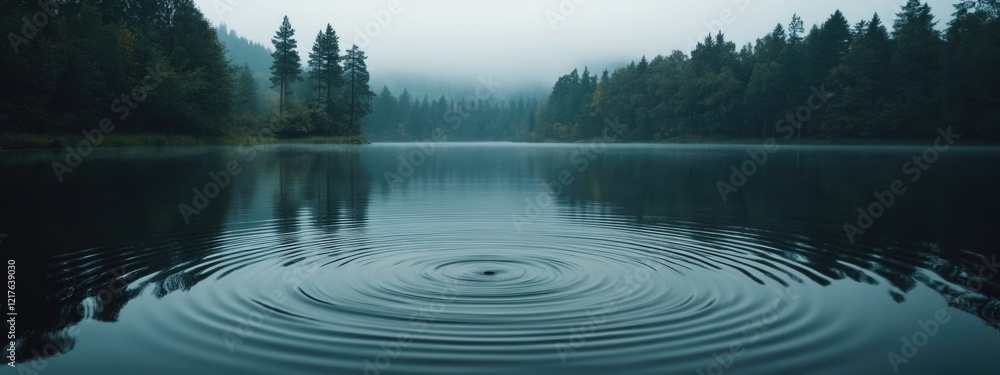 Poster calm lake with circular ripples reflecting surrounding misty forest and mountains in background copy