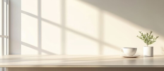 Minimalist interior design scene with sunlight casting shadows on a wooden table featuring a plant and a bowl against a light wall Copy Space