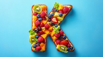 Colorful fruit arrangement in the shape of the letter K on a bright blue background with Copy Space for text.
