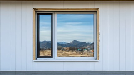 Modern window frame with mountain view reflecting on glass, minimalist architecture, natural light, Copy Space