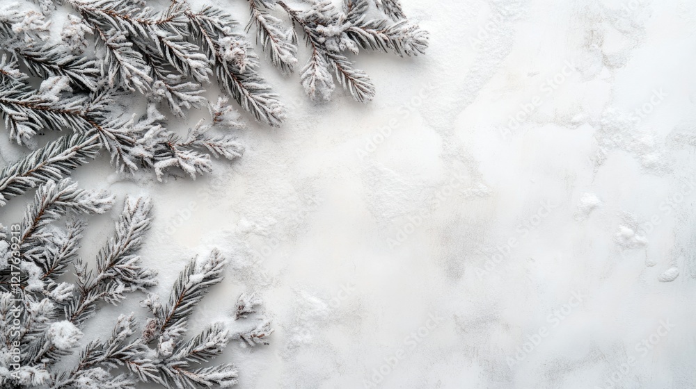 Poster frosted pine branches on white marble background with copy space for text or design elements