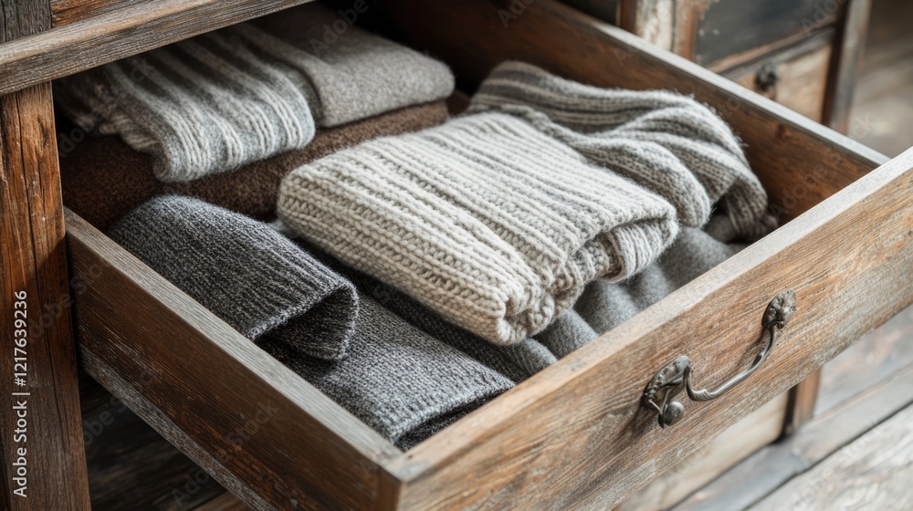Poster Textured knitted sweaters folded neatly in a wooden drawer with ample Copy Space for text placement.