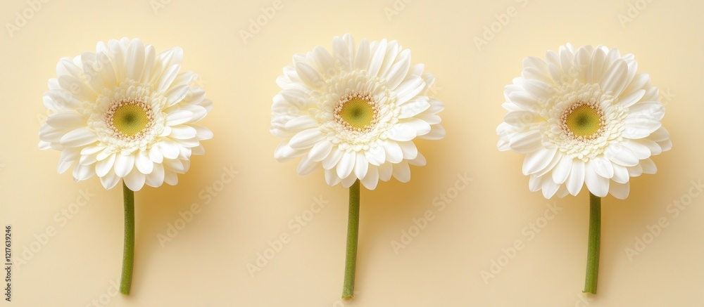Poster three white gerbera daisies arranged in a row on a pale yellow background with copy space for text p