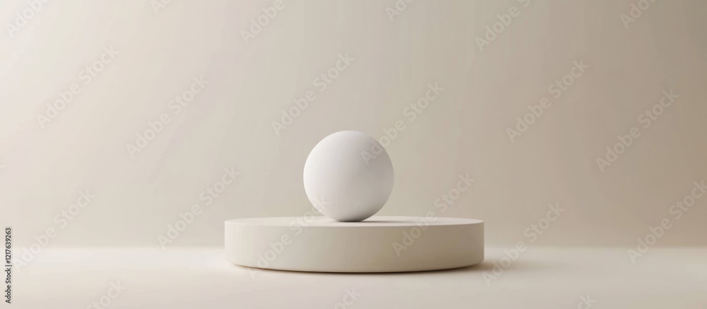 Poster white egg on a minimalist round pedestal against a soft beige background with copy space for text pl