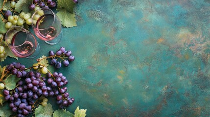 Vibrant assortment of green and purple grapes with two wine glasses on textured teal background Copy Space