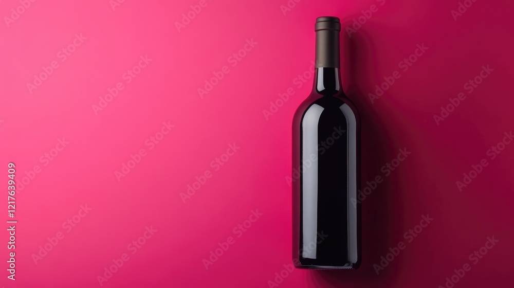 Poster red wine bottle on a vibrant pink background with copy space for text or branding elements