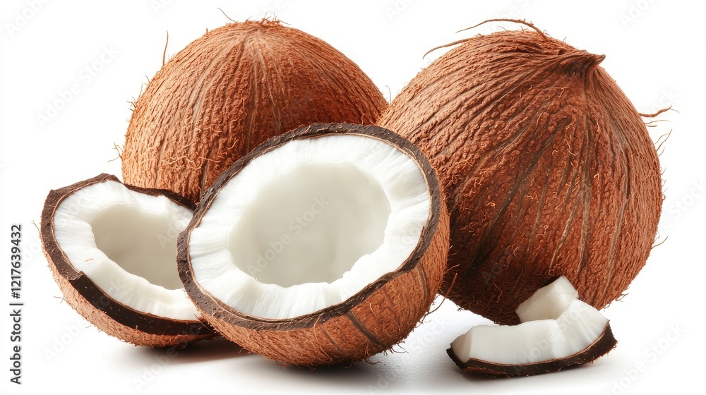 Poster Coconuts with outer shell and inner white flesh isolated on white background with Copy Space