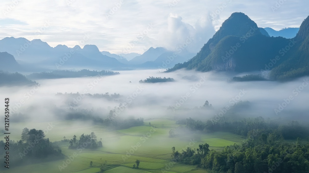 Aufkleber foggy landscape with rice fields and mountain backdrop under a cloudy sky with copy space for text.