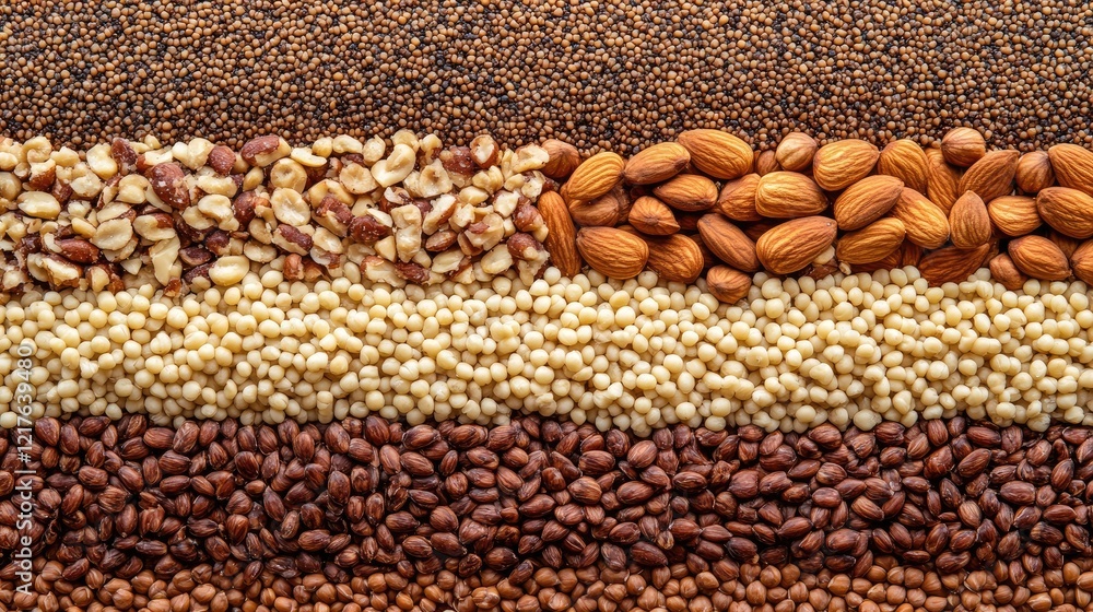 Poster assorted nuts seeds and grains arranged in horizontal rows with rich textures and colors on a wooden