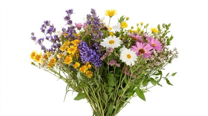 Colorful Wildflower Bouquet on White Background with Copy Space