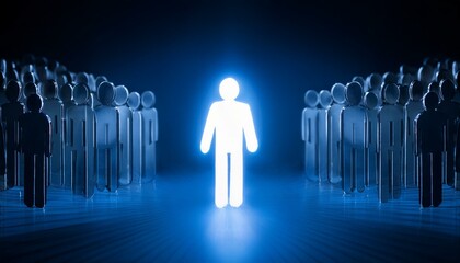 파란색 톤의 어두운 공간에 있는 수많은 인물 실루엣 중 하나만 은색으로 빛나며, 은은한 조명이 중앙의 인물에게 집중되어 있다