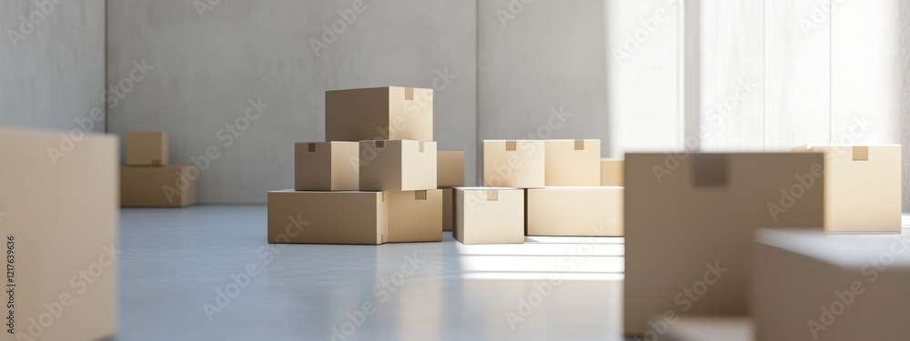 Poster cardboard boxes stacked in an empty room with gray walls and large windows providing natural light c