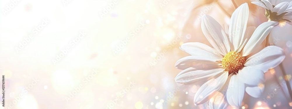 Poster delicate white flowers bordered by soft light with bokeh effects and ample copy space for text place