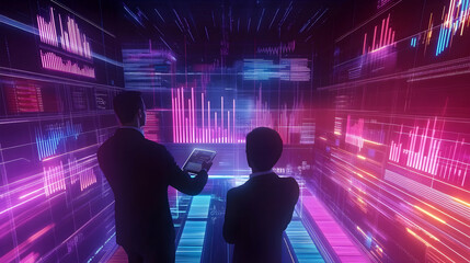 Businessman analyzing 3D-rendered bar graphs projected from a tablet surrounded by 2D digital dashboards