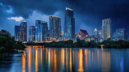 Fototapeta premium Rainy Night in Austin: Cityscape Reflection
