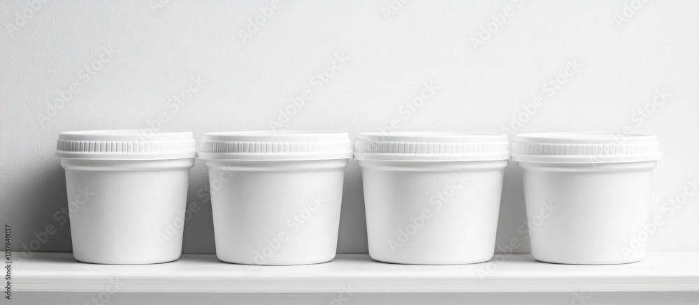 Poster white plastic containers arranged in a row on a neutral background with ample copy space for text pl