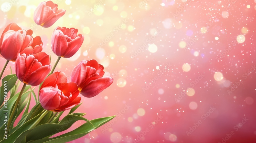 Poster red tulips with soft pink bokeh background featuring bright highlights and copy space for text place