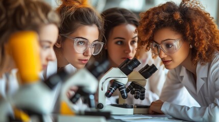 A group of diverse female biologists collaborating over microscopes in a bright, minimalistic lab setting