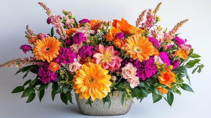 Obraz premium Vibrant floral arrangement featuring orange gerberas, pink roses, and mixed blossoms in decorative vase with Copy Space
