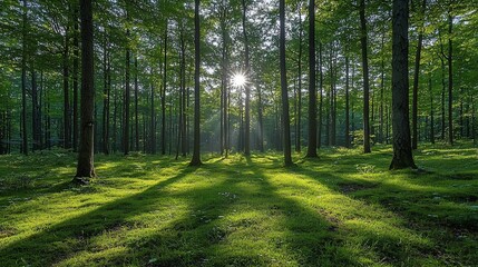 Obraz premium Sunbeams illuminating a lush green forest floor.
