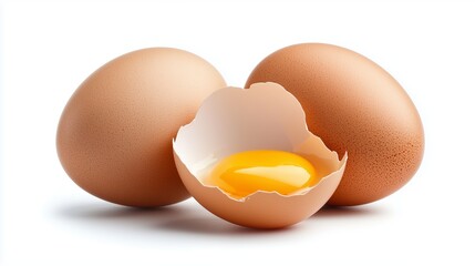 Fresh brown eggs with open shell showing yolk on white background