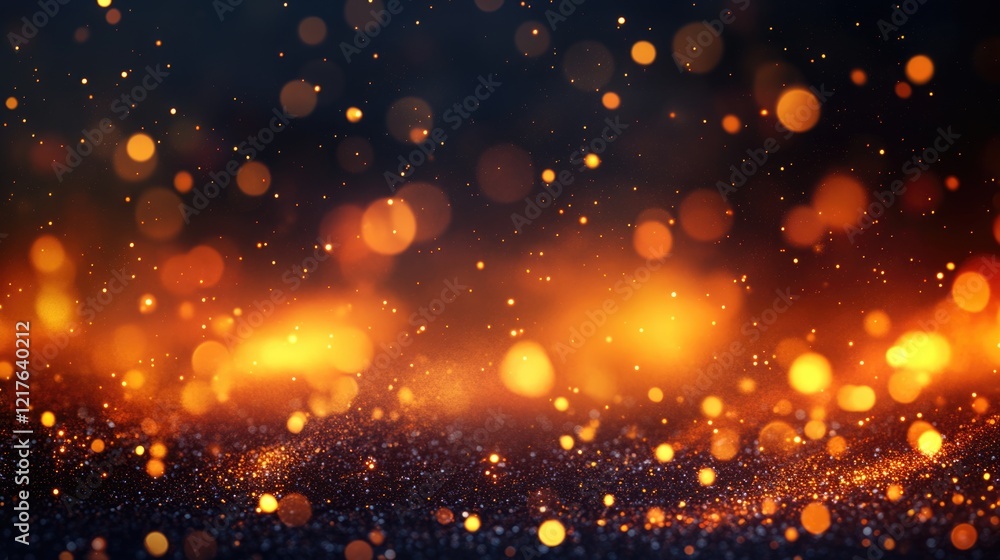 Poster abstract blurred background with warm glowing bokeh lights and sparkles in orange and gold tones wit