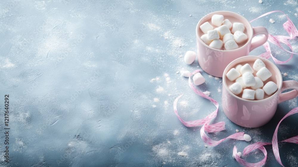 Poster two pink mugs filled with marshmallows on a textured blue background with ribbon and copy space for 