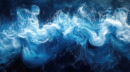 Obraz premium Abstract swirling ocean waves with foam and splashes in dark blue and white tones, suitable for backgrounds or designs, Copy Space.