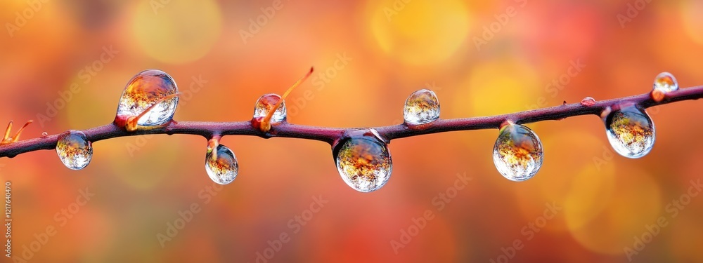 Poster close-up of water droplets on a branch with colorful bokeh background copy space