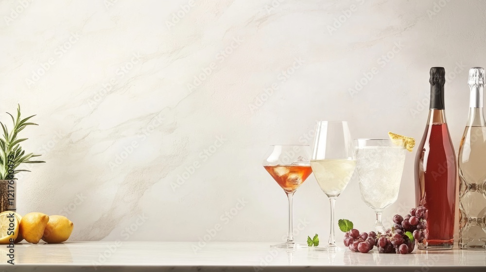 Poster assorted alcoholic beverages with fresh fruits on marble surface with copy space for text or design 