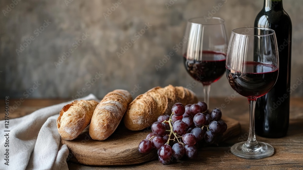 Poster wine glass with red wine bread and grapes on wooden table with rustic background copy space