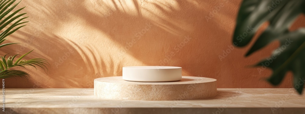 Poster minimalist display pedestal with circular white object against warm textured background and green fo