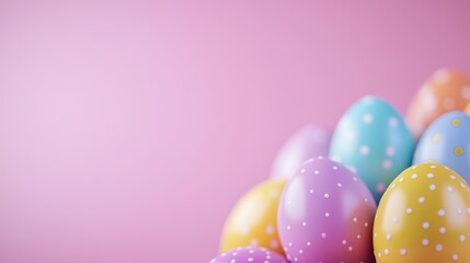 Colorful Easter eggs with polka dots arranged on a soft pink background with Copy Space for text placement