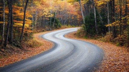 Fototapeta premium Curving road through autumn forest with colorful foliage and fallen leaves providing Copy Space for text placement