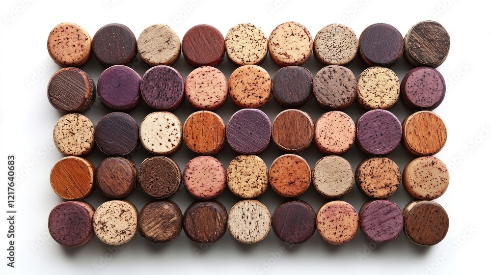 Poster wooden circle pieces arranged in a grid pattern showcasing various textures and colors with copy spa
