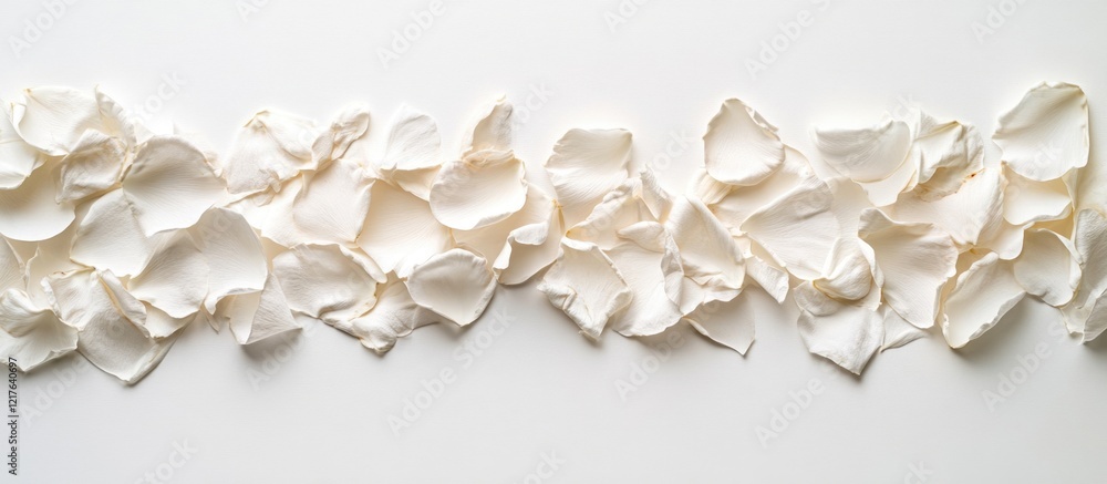 Poster white rose petals arranged on a white background with ample copy space for text placement.