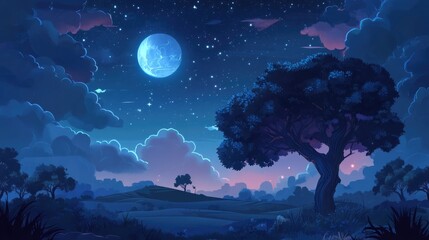 Obraz premium Night sky landscape with a large moon, starry background, silhouetted trees, and soft clouds, featuring illuminated horizon and copy space.
