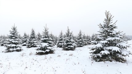Snow-covered pine trees in a winter landscape with clear sky and ample copy space for text placement
