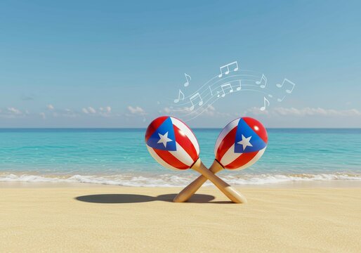 Caribbean maracas with the colors of the Puerto Rican flag on the beach shore.