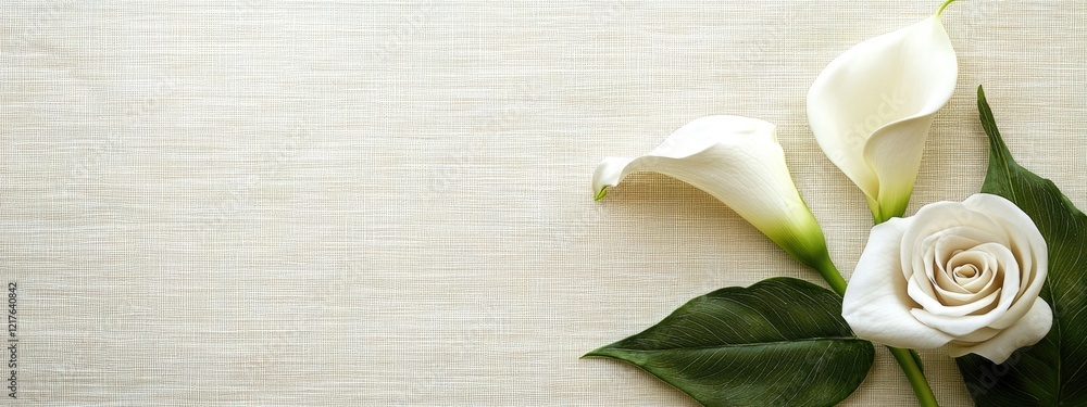 Poster white calla lilies and a white rose on a light textured background with ample copy space for text pl