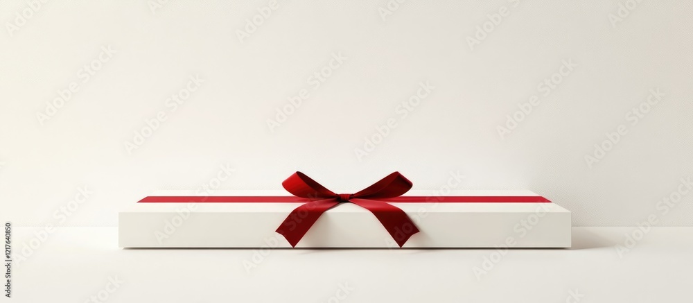 Poster elegant white gift box with red ribbon and bow on a minimalistic light background with ample copy sp