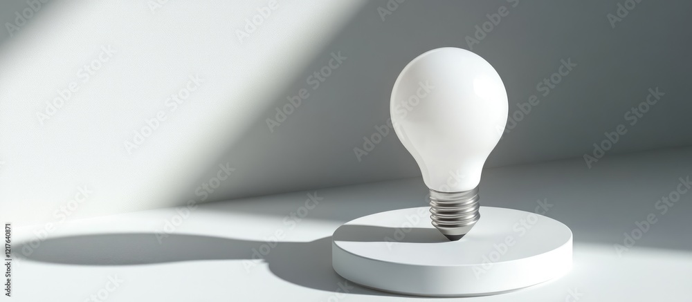 Poster light bulb with round base casting a shadow on a minimalist surface with soft lighting and copy spac