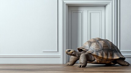 Obraz premium Tortoise Walking Toward Door in Minimalist Interior with Copy Space for Text