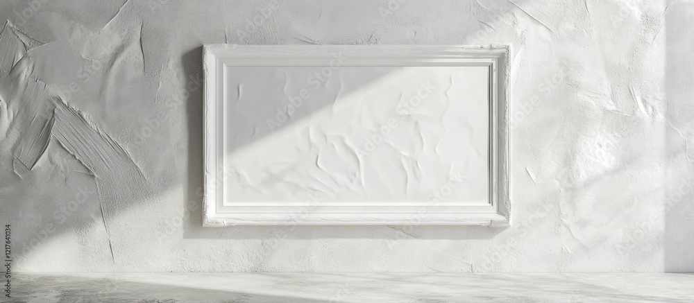 Poster white frame on textured gray background with dramatic lighting and copy space for artwork or message