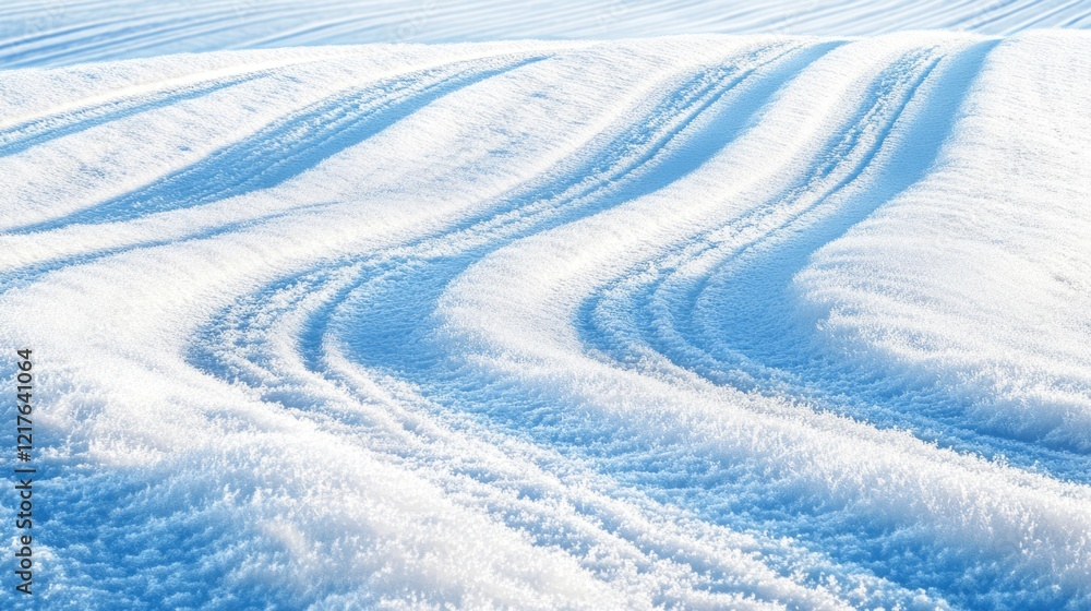 Poster snow-covered landscape with tire tracks creating wavy patterns in the fresh snow, bright blue tones 