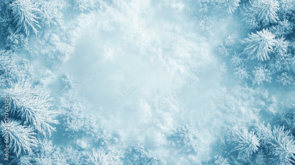 Poster winter landscape with frost-covered trees and snow, aerial view with cloudy sky and copy space for t